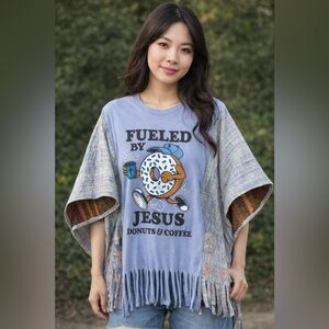 Upcycled FUELED BY COFFEE & JESUS T, with fringed Kantha sleeves, by Susie.